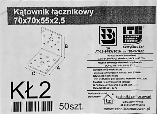 Tesársky spojovací štvorec 70x70x55x2,5 KŁ2