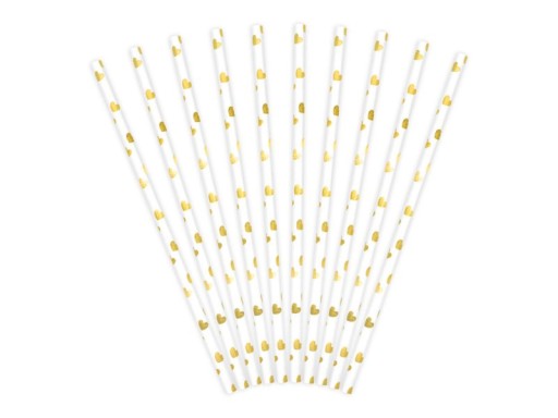 Biele papierové slamky so zlatými srdiečkami, 19,5 cm
