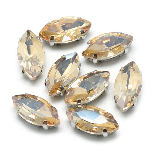 Kamienky na šitie, v košíku, sklo a mosadz, žlté, 10x5x4mm, 10ks
