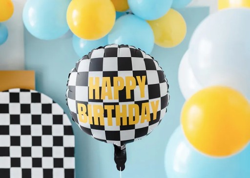 Happy Birthday okrúhly šachovnicový fóliový balón - PartyDeco - 35 cm