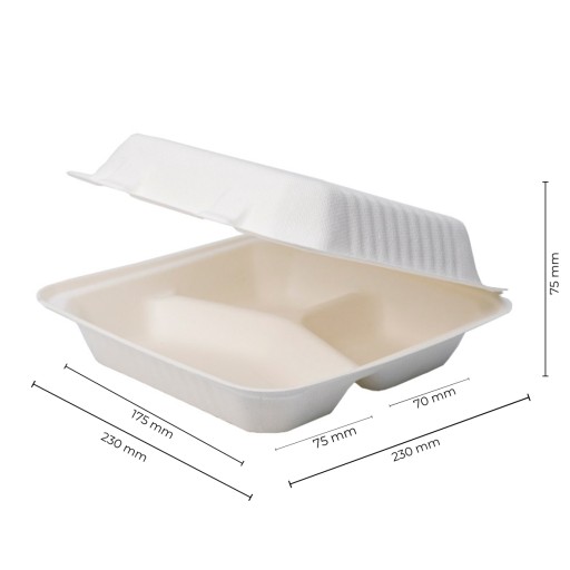3-priehradkový OBEDOVÝ BOX z CUKROVEJ TRSTINY, SILNÝ, 230x230x75mm, balenie 10 kusov