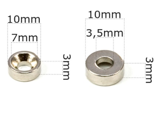 SILNÝ NEODYMOVÝ MAGNET 10x3 mm S OTVOROM 7/3,5 mm PRE SÚPRAVU 5 Skrutiek