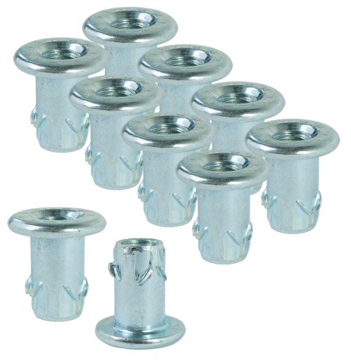 Zásuvka 10x M6 x 14 mm s golierom, tepaná nábytková vložka na drevo, nožičky
