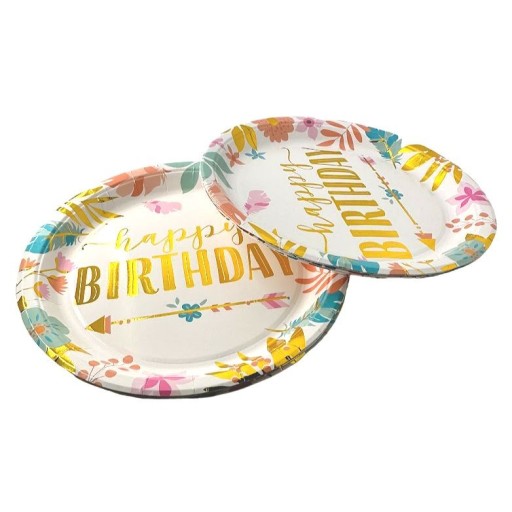Papierové taniere 10 ks Happy Birthday 18cm BOHO FLOWERS zlaté Narodeniny