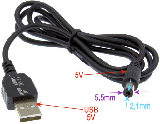 Adaptér Konvertor USB DC zástrčka 5,5x2,1mm 5V-5V