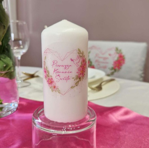 SVIEČKA stolová sviečka Prvé sväté prijímanie XL 12 cm Kvet Ružové srdce