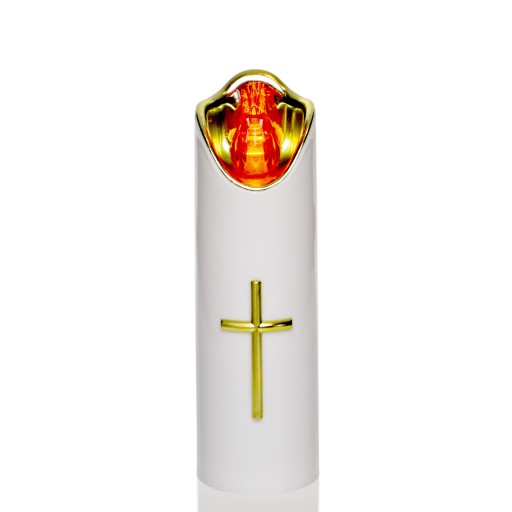 Biela LED vložka do sviečky so zlatým vnútrom a 17 cm červeným krížom