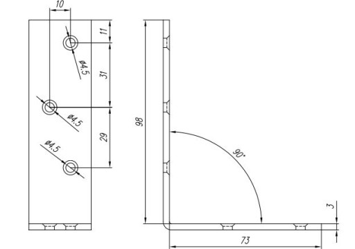 ODOLNÝ UHOL lúča KB1 100x75x30 KONEKTOR 3,0 hrubý zlatý plech
