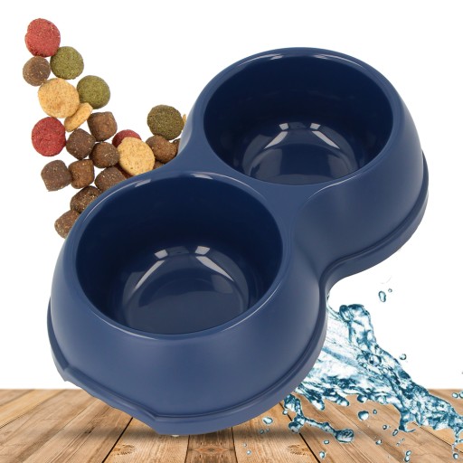 Dvojitá plastová miska pre psov a mačky L, 1,2L, tmavomodrá, 35x20cm,