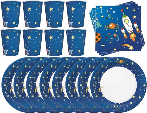Set taniere, šálky, obrúsky, COSMOS, raketa, hviezdy, mimozemšťania, narodeniny