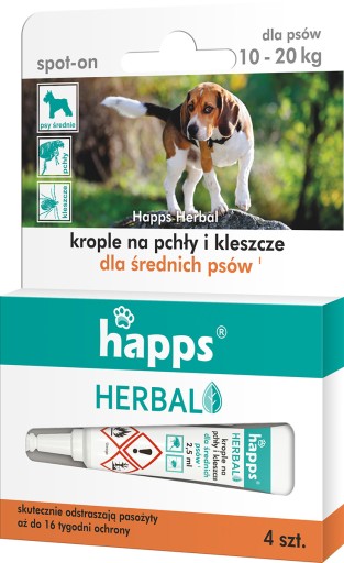 Happs kvapky na blchy, kliešte a parazity pre stredne veľké psy (10-20kg) 4 ks.