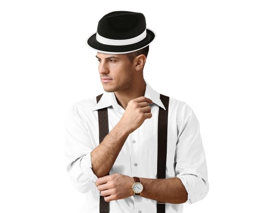 ČIERNY GANGSTER KLOBÚK S BIELYM NAČASOVANÍM