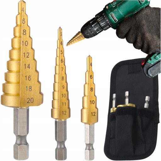 Stupňovité oceľové vrtáky, sada 3 ks, kužeľové, 3-20 mm, na drevo, plech