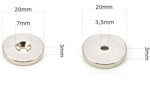 SILNÝ NEODYMIOVÝ MAGNET 20x3 mm S OTVOROM 7/3,5 mm NA SÚPRAVU 4 Skrutiek