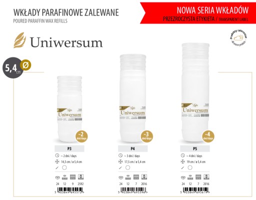 14,5 cm parafínové vložky, liate, doba horenia: 2 dni