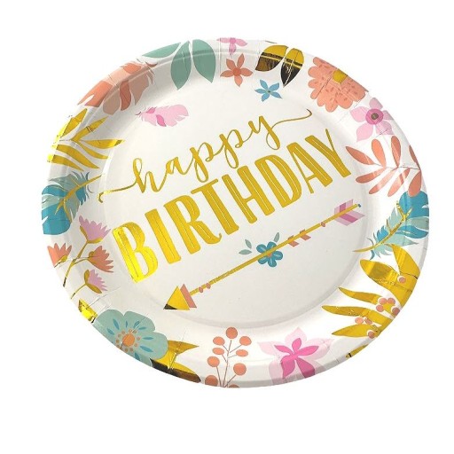 Papierové taniere 10 ks Happy Birthday 18cm BOHO FLOWERS zlaté Narodeniny