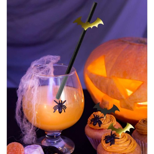 Papierové slamky čierne HALLOWEEN BATS čierne a zlaté X6