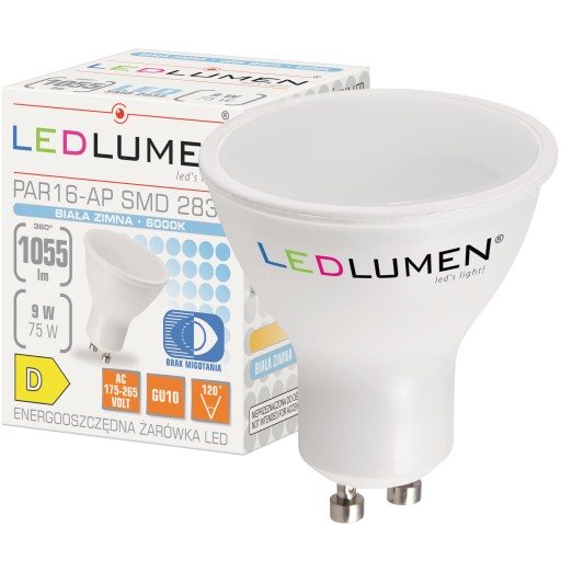 LED žiarovka GU10 PAR16 9W=75W 1055lm 120° CCD Úspora energie za studena 6000K