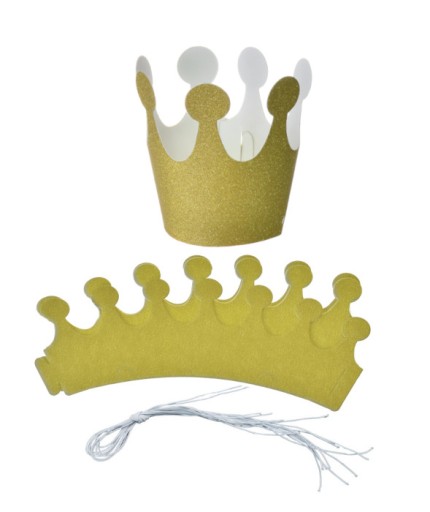 Papierové narodeninové čiapky, zlatá trblietka CROWN, detské narodeniny