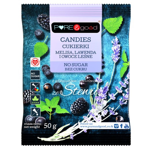 Melisa / Levanduľa / Lesné ovocie Tvrdé cukríky BEZ CUKRU 50g Pure&Good