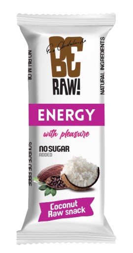 BeRAW Energy Kokosová energetická tyčinka, raw kakao, kokos, jednoduché zloženie, 40g