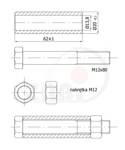 NÁPRAVA KOLESA fi 160 fi 180 fi 200 Nápravy M12X80 fi20