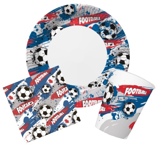 sada tanierov, pohárov, papierových slamiek, narodeninový futbal