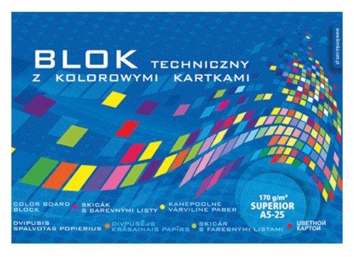 Farebný technický blok A4, 25 listov, mix farieb, hromadne farbený kartón