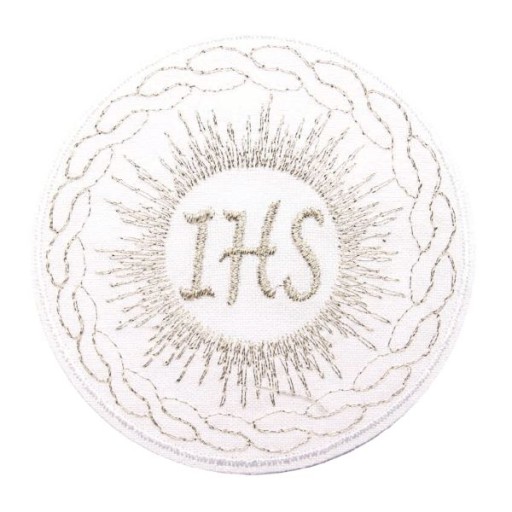 Hostiteľ IHS, biela výšivka, 1 kus, znak, COMMUNION, nášivka alba, 2