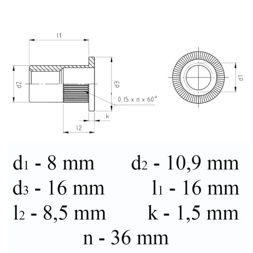 Nitovacia matica, golier, INOX A2, M8x16mm, 10 kusov