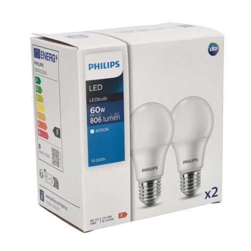 PHILIPS SET 2x E27 LED žiarovka 8W = 60W 4000K NEUTRÁLNA BIELA 806lm A60