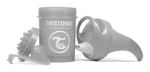 TWISTSHAKE STRIEBORNÝ hrnček S MIEŠAČOM 230 4m+ sivý