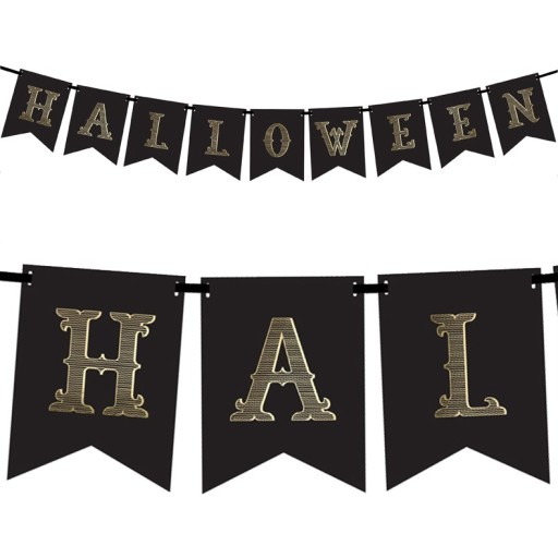HALLOWEENSKÝ PANANER ČIERNOZLATÝ NÁPIS GARLANDA 20 CM X 175 CM