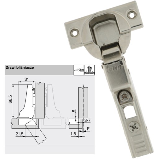 BLUM TWIN PANT S PRUŽINOVÝM KLIPOM NA NÁBYTOK HORNÝ UHEL 110°