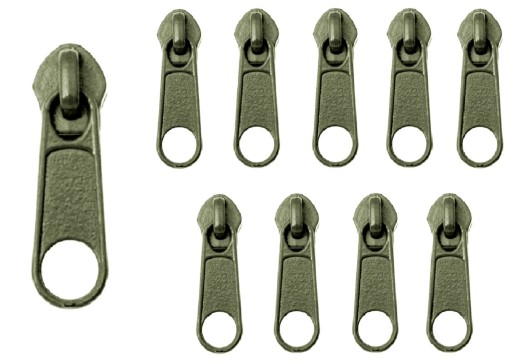 Kovový posúvač pre 5 mm špirálový páskový strojček khaki OLIVE 10 ks.