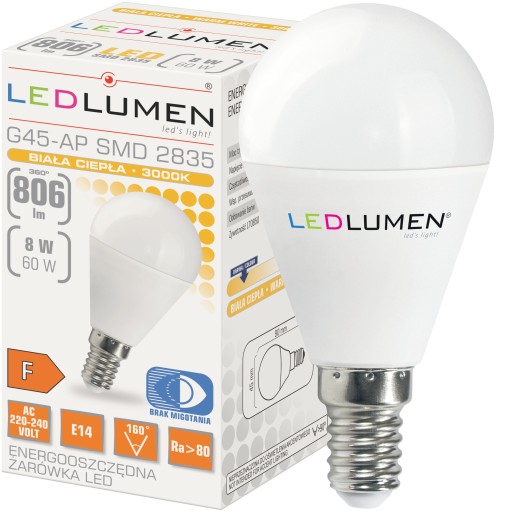 LED žiarovka E14 BALL G45 8W=60W 806lm 160° Úspora energie Bez blikania