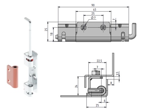 Zváraný oceľový skrytý pánt pre dvere s ohybom 24mm / 90x25mm