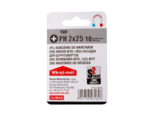 PH2 skrutkovacie bity 25mm 10 ks Philips magnetické Klimas