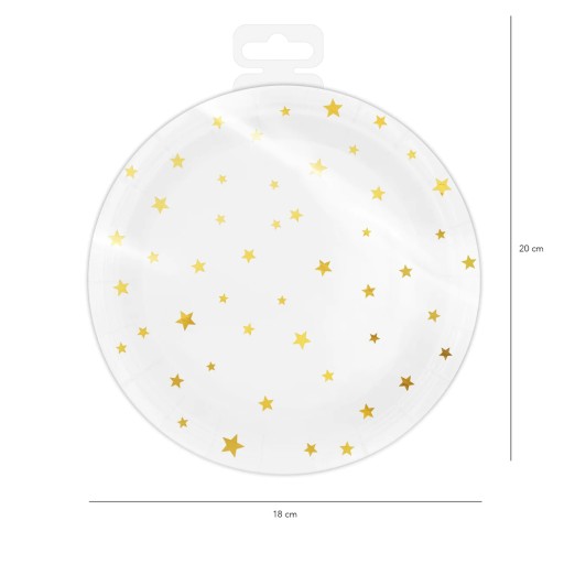 BIELE papierové taniere so zlatými hviezdičkami, 18 cm, 6 ks, na narodeniny