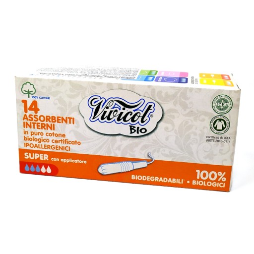 SUPER hygienické tampóny, aplikátor, bezchlórové, KOMPOST, 14 ks, Vivicot
