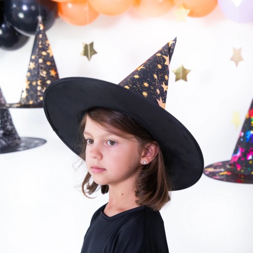 Čierno-zlaté halloweenske karnevalové maškarné šaty s čarodejníckym klobúkom