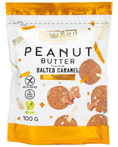 FRANK&OLI MINI COOKIES bezlepkové, cukor, ORIEŠKOVÉ MASLO, SLANÝ KARAMEL 100g