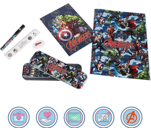 Školské potreby Marvel Avengers, súprava farbičiek, pero a zošit