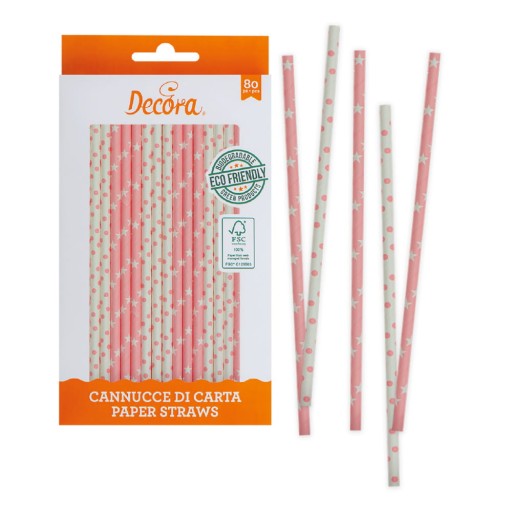 Papierové slamky Decora 6x210mm Pink White Stars 80ks