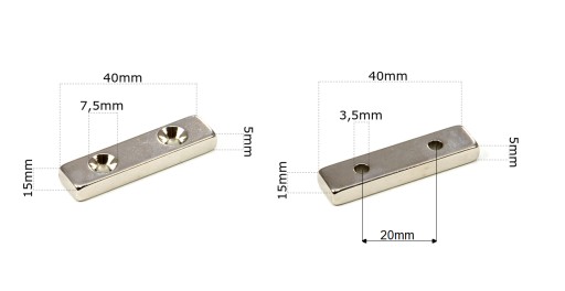 SILNÝ NEODYMOVÝ MAGNET 40x15x5 mm S OTVOROM 7/3,5 mm NA SKRUTKU