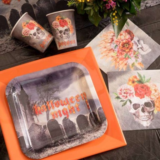 PAPIEROVÉ POHÁRKY SKULL halloween FLOWERS 10 ks
