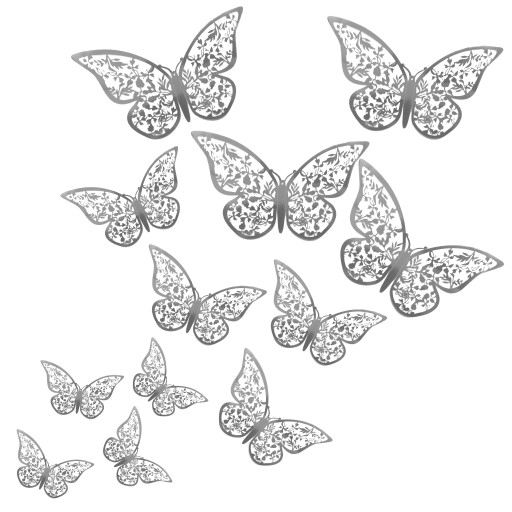 BOTTERFLIES samolepky na stenu motýle SVADBA 12x STRIEBORNÁ v2
