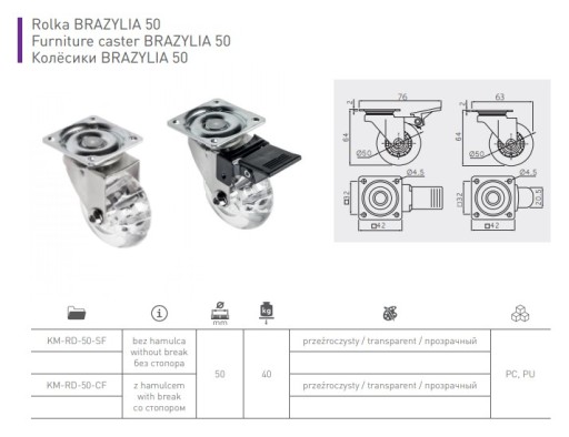 BRAZILIA nábytkové koliesko 50mm priehľadné