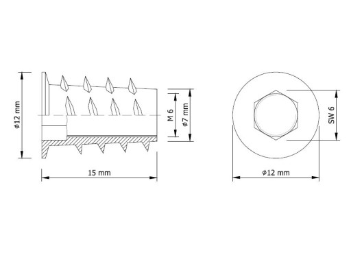 Zásuvka 10x M6 x 15 mm, nábytková vložka na drevo s golierom