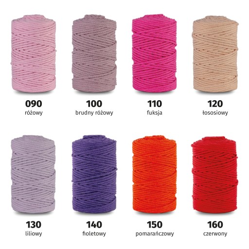 Bavlnená pletená šnúrka 5mm, 100m, MACRAME - 43 RÔZNYCH FARIEB